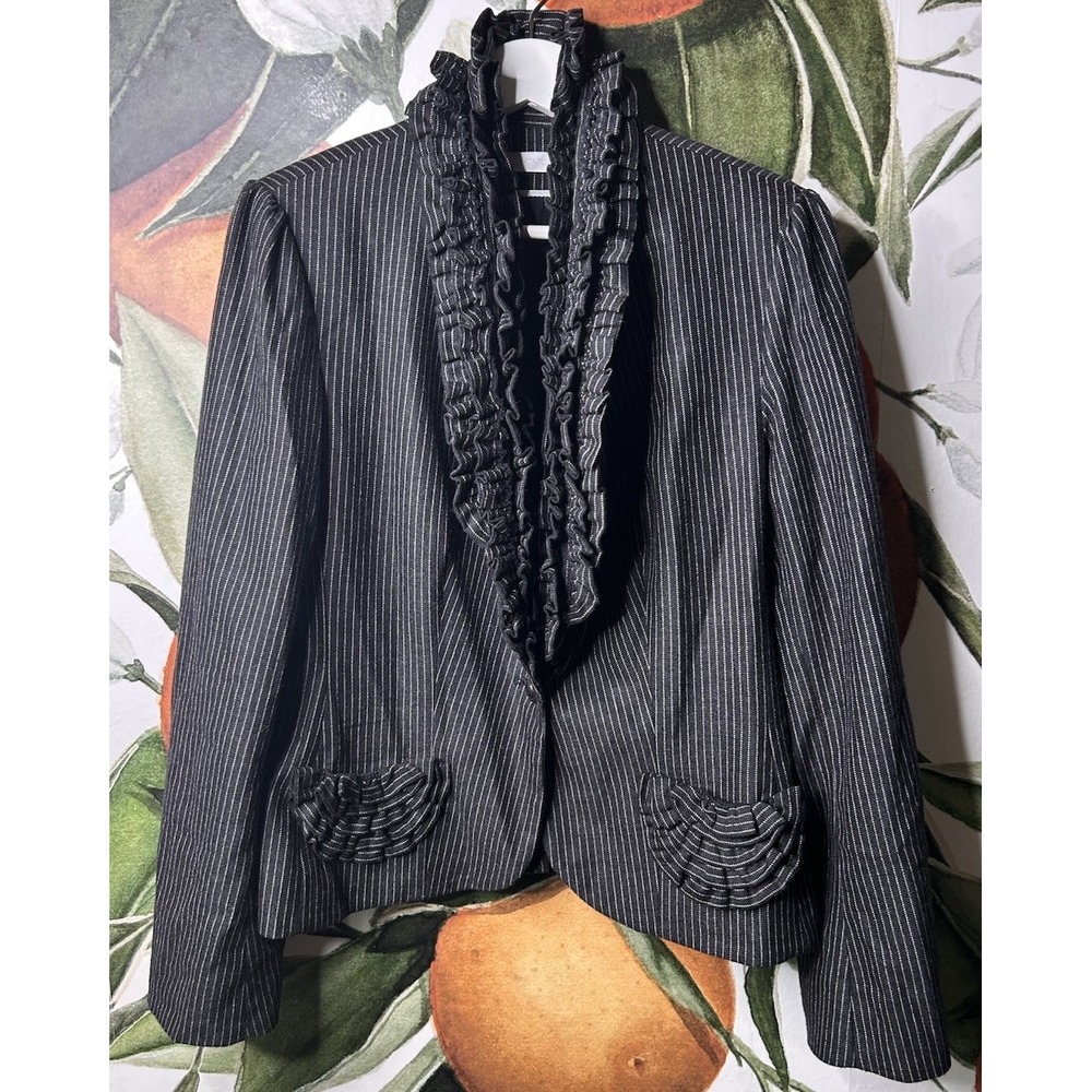 Anne Fontaine Jacket 44 / US 12 Womens Gray Wool Pinstripe Ruffle Maximal Blazer